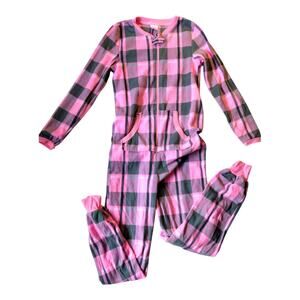 Women's Pink & Gray Plaid Bodysuit, Open Feet, XS (0-2)